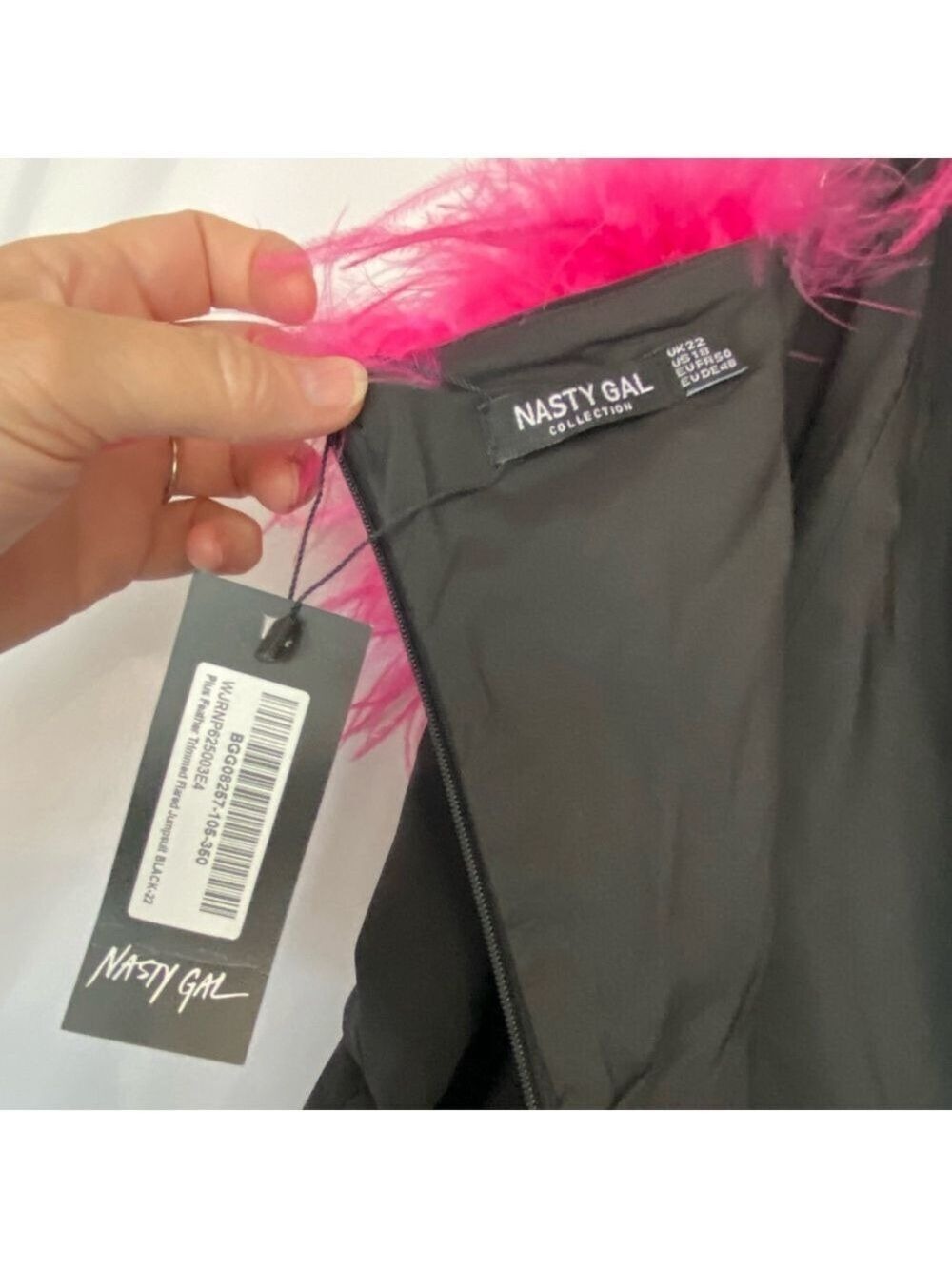Nasty Gal Black Jumpsuit Hot Pink Feather Trim - Picture 6 of 16